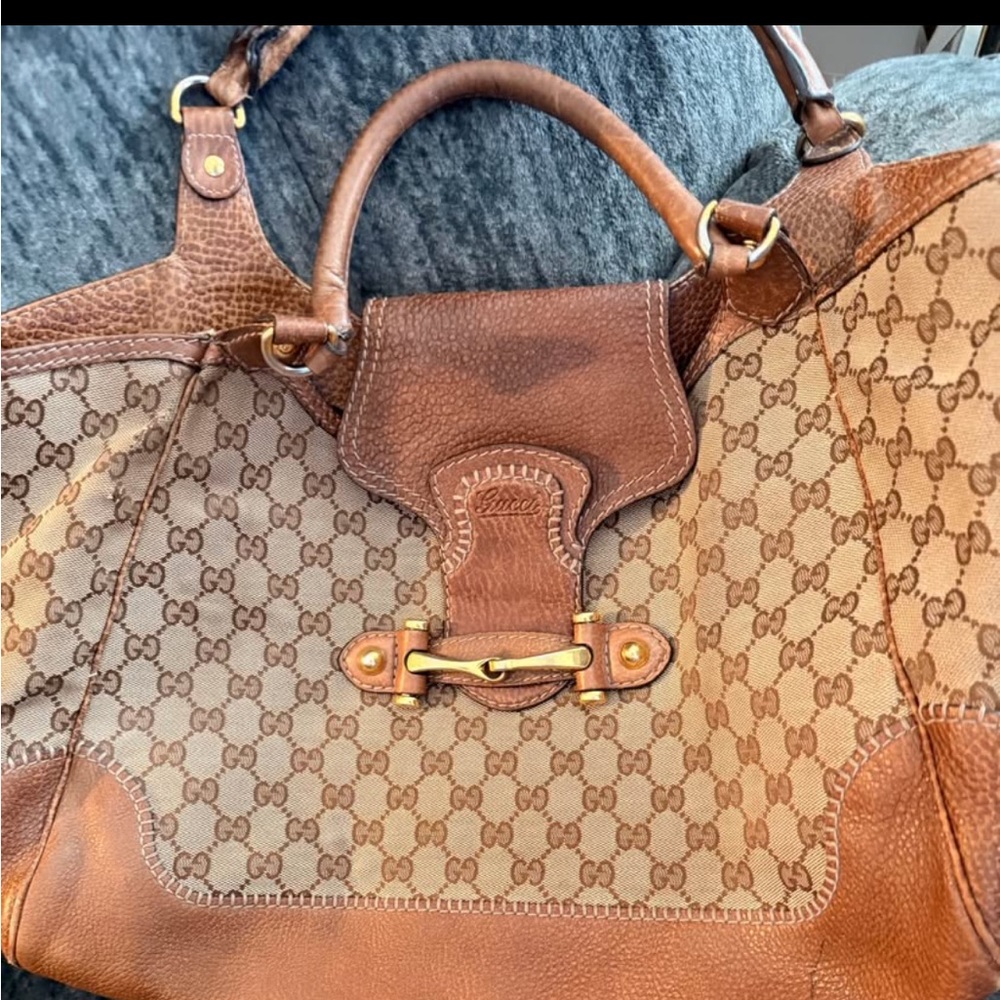 Gucci Beige & Brown GG Canvas Saddle Tote with Leather Trim